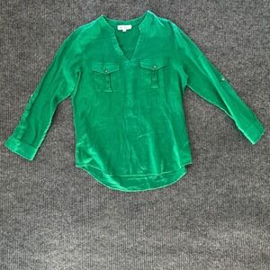 Two by Vince Camuto Top Womens S Green Gauze Button Tab Sleeve Boho Casual Chic‎